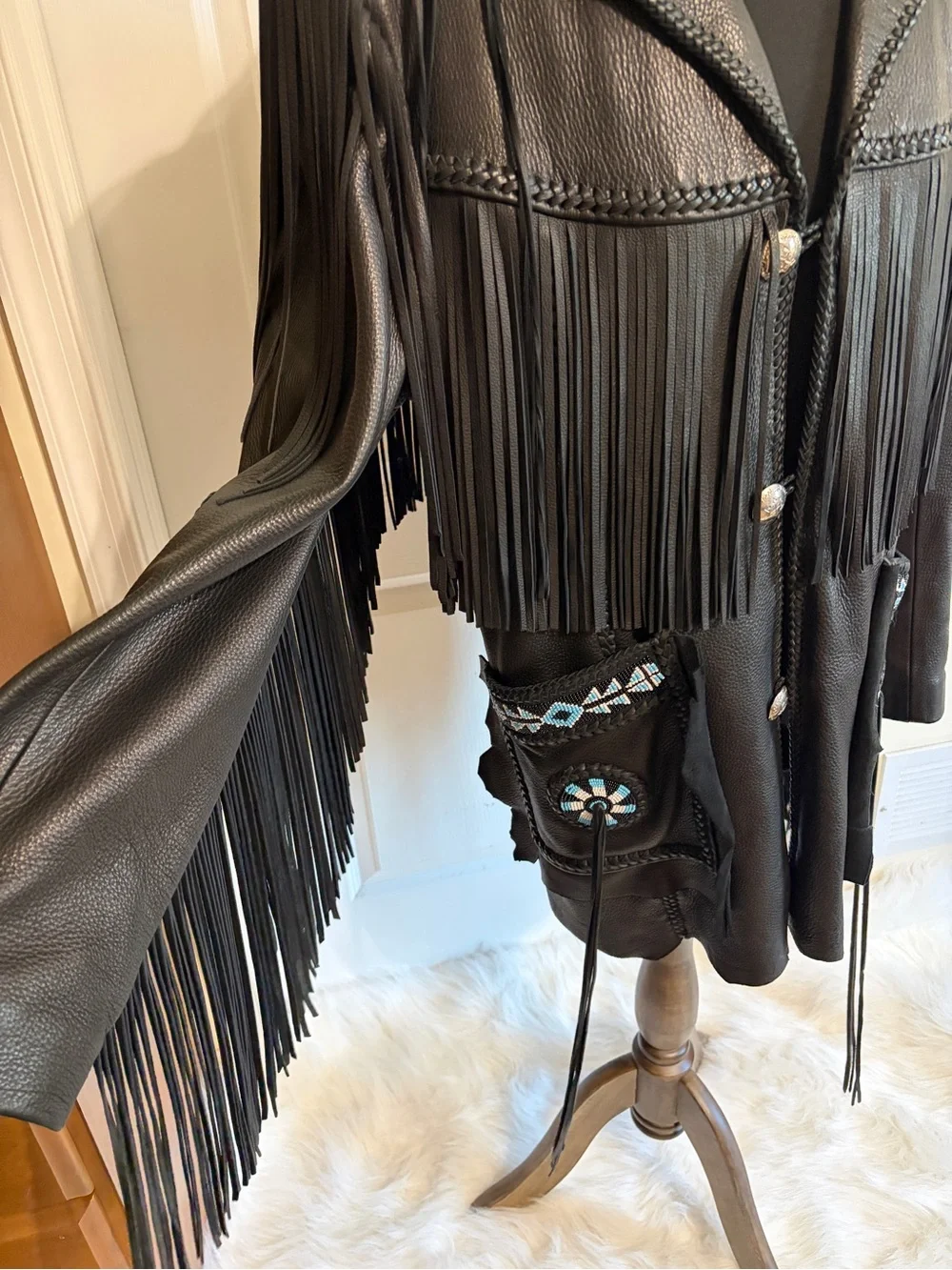 Arturo Arocha Black Leather Western Beaded Fringe Jacket 44